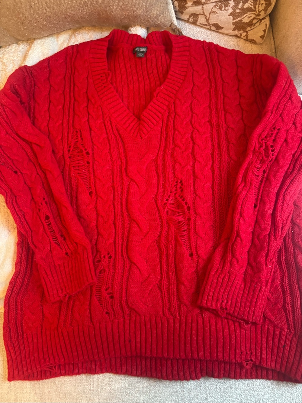 Womens distressed Wild Fable Red Cable Knit V-Neck Sweater
